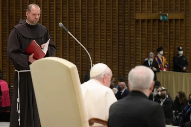 Fr. Marek Viktor Gongalo, a Franciscan friar from Ukraine, read the Scripture in the Polish language at the pope's general audience on March 2, 2022.