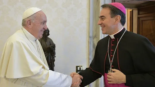Pope Francis greets Archbishop Ettore Balestrero, whom he appointed as the Holy See’s permanent observer to the United Nations in Geneva on June 21, 2023.?w=200&h=150
