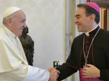 Pope Francis greets Archbishop Ettore Balestrero, whom he appointed as the Holy See’s permanent observer to the United Nations in Geneva on June 21, 2023.