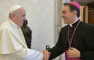 Pope Francis greets Archbishop Ettore Balestrero, whom he appointed as the Holy See’s permanent observer to the United Nations in Geneva on June 21, 2023. Vatican Media