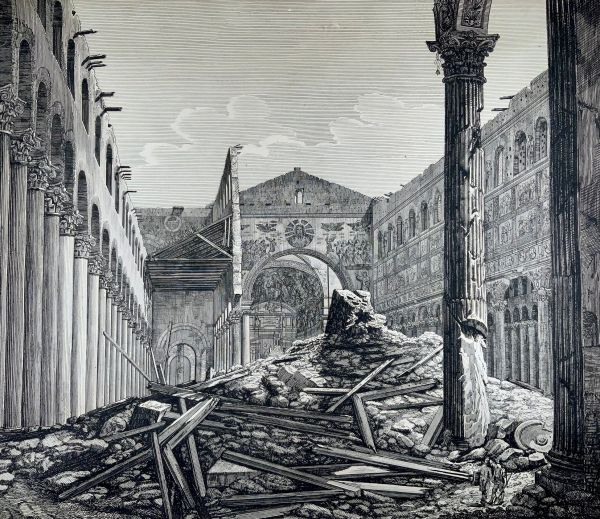 Illustration of the destruction of St. Paul Outside the Walls in Rome in 1823, depicted in Professor Nicola Camerlenghi, from his book "St. Paul's Outside the Walls, A Roman Basilica, from Antiquity to the Modern Era," 2018. Photo courtesy of Professor Nicola Camerlenghi, from his book "St. Paul's Outside the Walls, A Roman Basilica, from Antiquity to the Modern Era," 2018