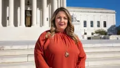 Lorie Smith, owner and founder of 303 Creative, at the U.S. Supreme Court in Washington, D.C.
