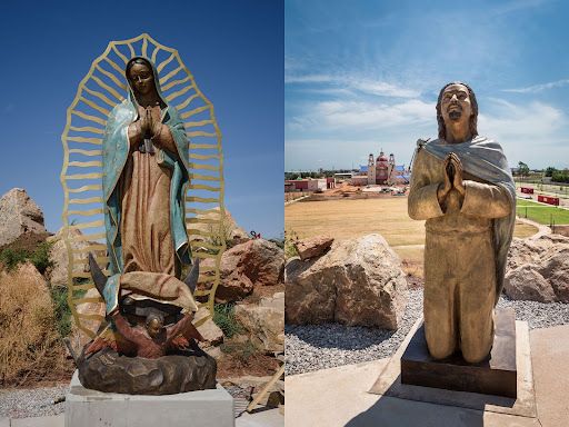 Las estatuas de Nuestra Señora de Guadalupe y San Juan Diego se encuentran en una recreación del Cerro Tepeyac en la ciudad de Oklahoma como parte del Santuario del Beato Stanley Rother. Crédito: Arquidiócesis de la ciudad de Oklahoma
