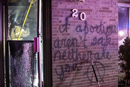 Spray-painted graffiti outside Life Choices, a pro-life pregnancy center in Longmont, Colorado.?w=200&h=150