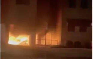 Fire rips through a building containing the cafeteria and gymnasium of St. Anthony of Padua School in Lorain, Ohio, on June 30, 2022. An arson investigation is underway. Screenshot from Ohio Commerce Department YouTube video