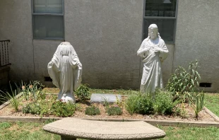 A vandalized statue of Mary, the Mother of God, at St. Leo Parish in Hartford, Arkansas, in July 2024. Credit: Father Joseph Chan