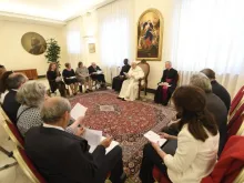 Pope Francis meets members of the International Federation of Catholic Pharmacists on May 2, 2022, in the Vatican's Santa Marta guesthouse.