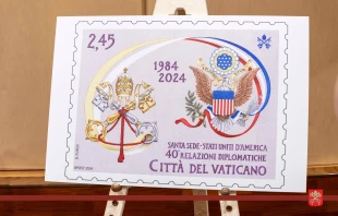 The Vatican on Sept. 16, 2024, unveiled a commemorative stamp to mark four decades of diplomatic relations with the United States.  Credit: Governorate of the Vatican City State