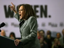 Vice President Kamala Harris speaks during a rally at the International Union of Painters and Allied Trades District Council 7 facility on Jan. 22, 2024, in Big Bend, Wisconsin. The rally was the first of the nationwide Fight for Reproductive Freedoms tour.