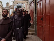 Friars walking along the Via Dolorosa on Friday, Oct. 27, 2023. After two weeks, the Franciscan friars of the Custody of the Holy Land returned to pray the Way of the Cross on the Via Dolorosa in Jerusalem.