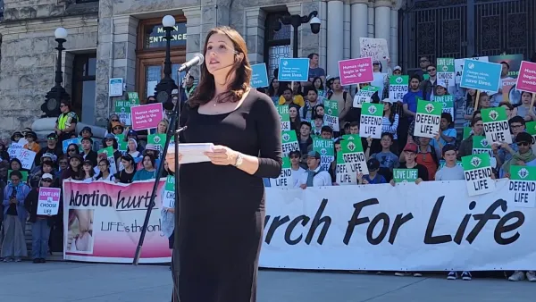 Speaker Brittany Garisto speaks at the March for Life in Victoria, British Columbia, on May 9, 2024, about her love for her baby, who died at a young age. Credit: Paul Schratz