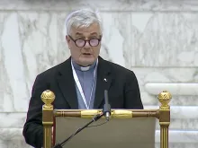 Father Dario Vitali speaks at the Synod on Synodality at the Vatican, Oct. 18, 2023.