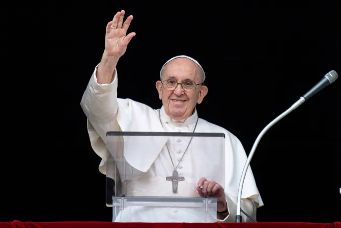 Pope Francis waves during his Angelus address at the Vatican July 25, 2021