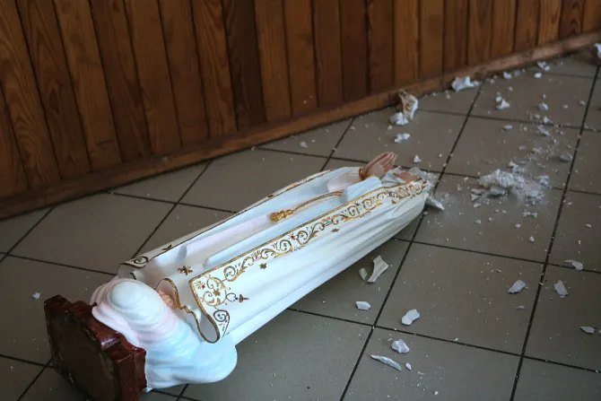 A damaged statue of Our Lady of Fatima at the Major Theological Seminary of the Sacred Heart of Jesus in Vorzel, Ukraine