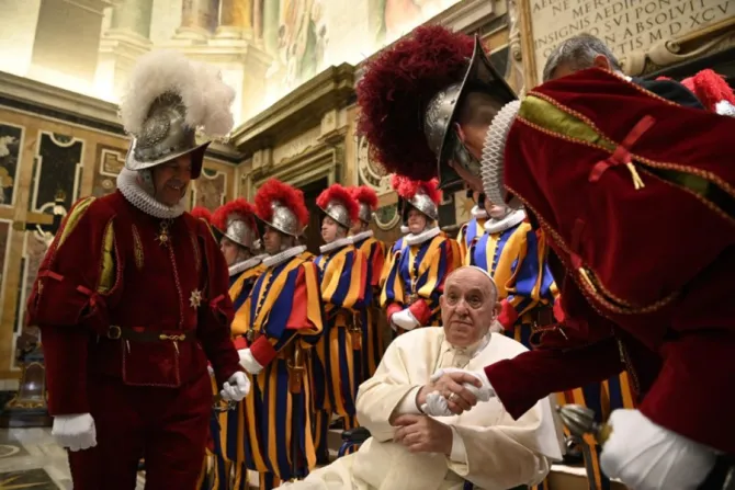 Pope Francis with new Swiss Guard recruits in the Vatican’s Clementine Hall on May 6, 2022