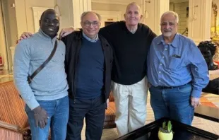 Following his release, Bishop David O'Connell (third from left) joined Father Jean Felicien, Monsignor Thomas N. Gervasio, and Monsignor Sam Sirianni at their hotel in Rome. Credit: TrentonMonitor.com staff photo