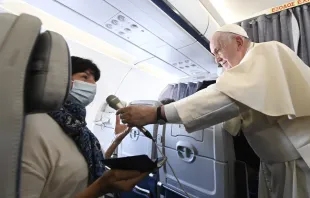 Pope Francis speaks during an in-flight press conference on the journey from Athens to Rome, Dec. 6, 2021 Vatican Media.