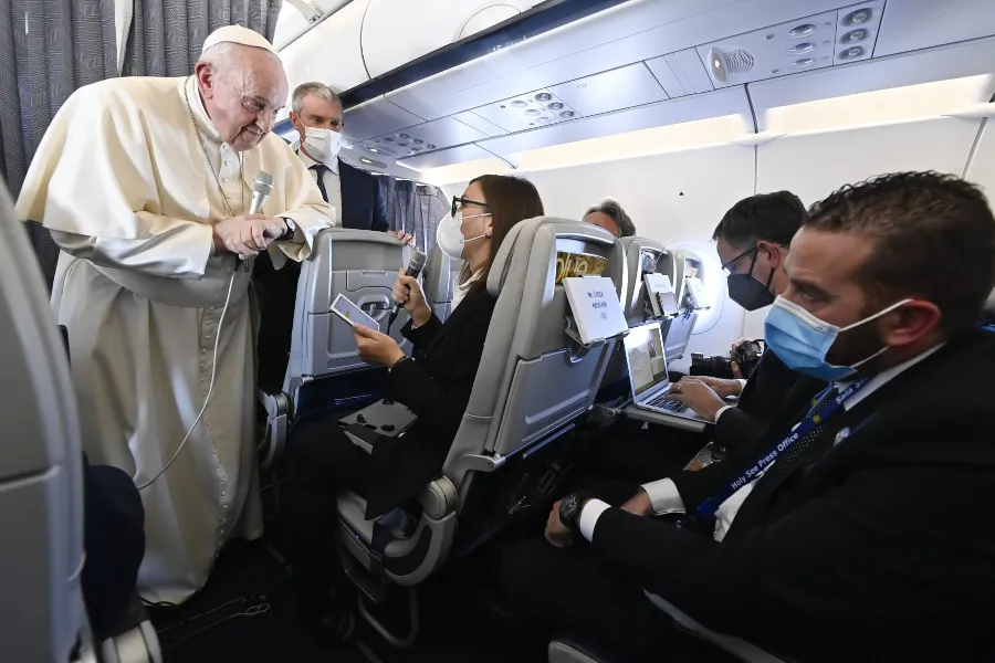 Pope Francis speaks during an in-flight press conference on the journey from Athens to Rome, Dec. 6, 2021.?w=200&h=150