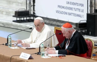 Pope Francis addresses the International Theological Symposium on the Priesthood at the Vatican’s Paul VI Hall, Feb. 17, 2022. Daniel Ibáñez/CNA.