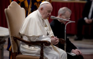 Pope Francis prays for children in Ukraine, March 16, 2022. Daniel Ibáñez/CNA.
