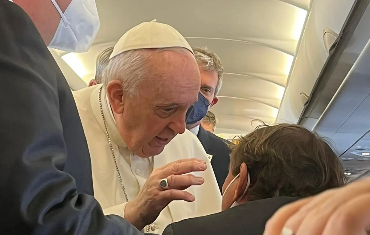 Pope Francis speaks to journalists aboard the papal flight to Malta on April 2, 2022.?w=200&h=150