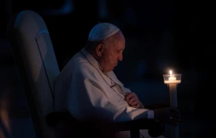 Pope Francis prays at the Easter Vigil Mass in St. Peter's Basilica on April 16, 2022. Daniel Ibanez/CNA