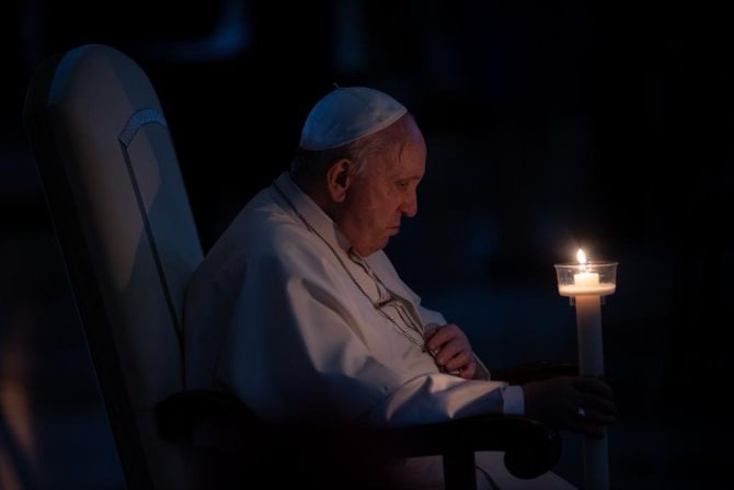 Pope Francis prays at the Easter Vigil Mass in St. Peter's Basilica on April 16, 2022.