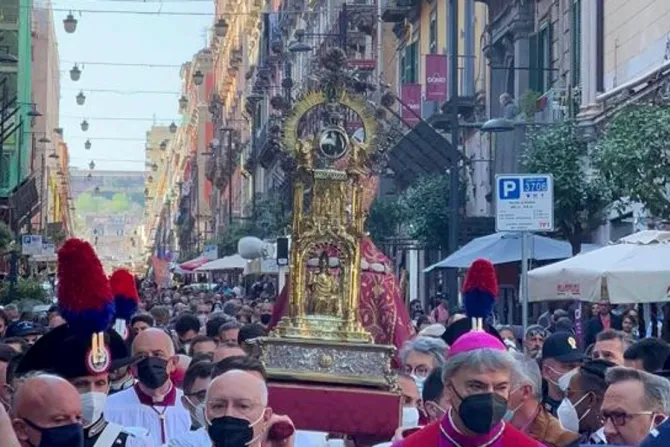 Archbishop Domenico Battaglia leads a procession in honor of St. Januarius in Naples, Italy, on April 30, 2022.