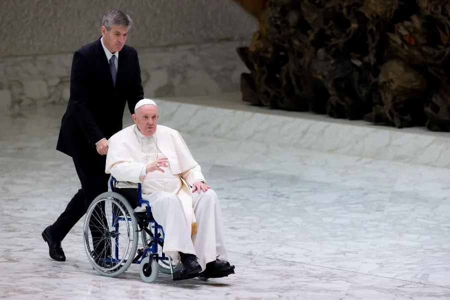 Pope Francis enters the Vatican’s Paul VI Hall in a wheelchair on May 5, 2022.?w=200&h=150