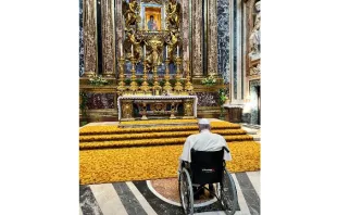 Pope Francis prayed in front of the Salus Populi Romani icon in the Basilica of St. Mary Major on the morning of July 22, 2022. He prayed again in front of the icon on Sept. 12, 2022, to entrust his upcoming trip to Kazakhstan to Mary. Vatican Media