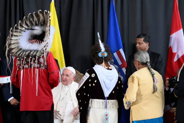 Pope Francis prepares meets representatives of Canada's indigenous peoples in the hangar of the airport in Edmonton on July 24, 2022. Vatican Media