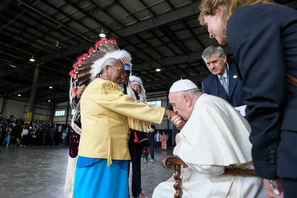 Pope Francis meets representatives of Canada's indigenous peoples in the hangar of the airport in Edmonton on July 24, 2022. Vatican Media