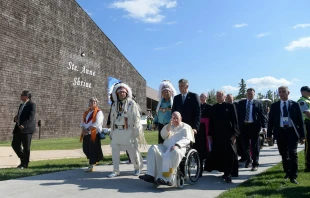 Pope Francis blesses the crowds at Ste. Anne Shrine at Lac Ste. Anne in Alberta, Canada. Vatican Media