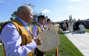 Indigenous drummers welcome Pope Francis to Lac Ste. Anne. Vatican Media
