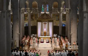Pope Francis presides over a July 28 Mass at the Basilica of Sainte-Anne-de-Beaupré in Canada. Vatican Media