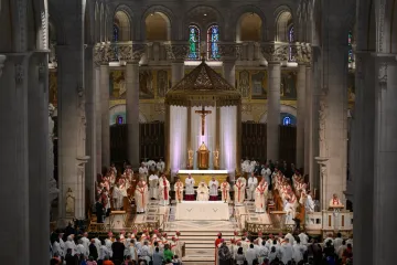 Pope Francis presides over a July 28 Mass at the Basilica of Sainte-Anne-de-Beaupré in Canada.