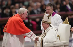 Pope Francis with Cardinal Arthur Roche, prefect of the Vatican's Dicastery of Divine Worship and Discipline of Sacraments, at the consistory in St. Peter's Basilica, Aug. 27, 2022 Credit: Daniel Ibáñez/CNA