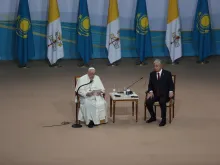 Pope Francis speaks from the stage of the Qazaq Concert Hall in Nur-Sultan, Kazakhstan, Sept 13. 2022. Also onstage is Kazakhstan President Kassym-Jomart Tokayev.