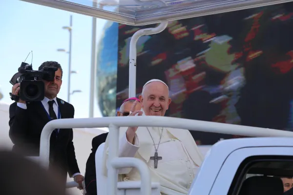 Pope Francis arriving at the outdoor Mass in Nur-Sultan, Kazakhstan, on Sept. 14. 2022. Rudolf Gehrig / CNA