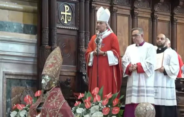 Archbishop Domenico Battaglia with the liquefied blood of St. Januarius on Sept. 19, 2022. Screenshot / Youtube channel, Chiesa di Napoli