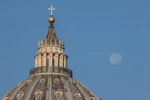 The moon was visible over St. Peter's Basilica, Vatican, on the morning of Oct. 12, 2022. Daniel Ibáñez / CNA