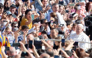 Pope Francis greets members of the international Catholic movement Communion and Liberation in St. Peter's Square Oct. 15, 2022. Credit: Daniel Ibanez/CNA