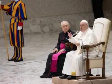 Pope Francis gives his message during the weekly general audience in the Vatican's Paul VI Hall on Jan. 4, 2023