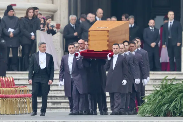 The coffin of Pope Emeritus Benedict XVI is carried into St. Peter's Square prior to his funeral Mass on Jan. 5, 2023. Daniel Ibañez/CNA