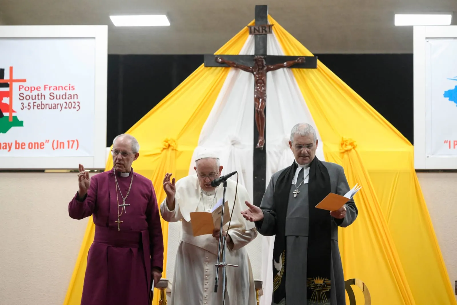 The Archbishop of Canterbury, Justin Welby; Pope Francis; and the Moderator of the Church of Scotland, Iain Greenshields, lead a prayer service for Catholic, Anglican and Presbyterian christians in Juba, Sudan.?w=200&h=150
