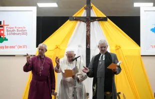 The Archbishop of Canterbury, Justin Welby; Pope Francis; and the Moderator of the Church of Scotland, Iain Greenshields, lead a prayer service for Catholic, Anglican and Presbyterian christians in Juba, Sudan. Vatican Media