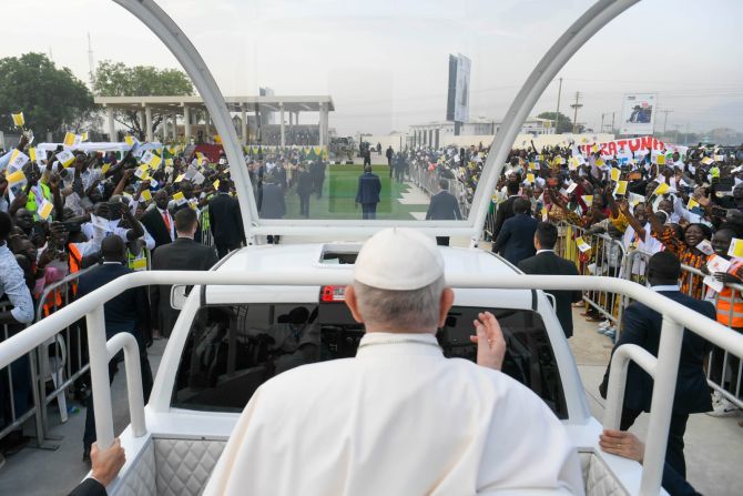 Pope Francis greets the crowd at a Mass in Juba, South Sudan on Feb. 5, 2023.