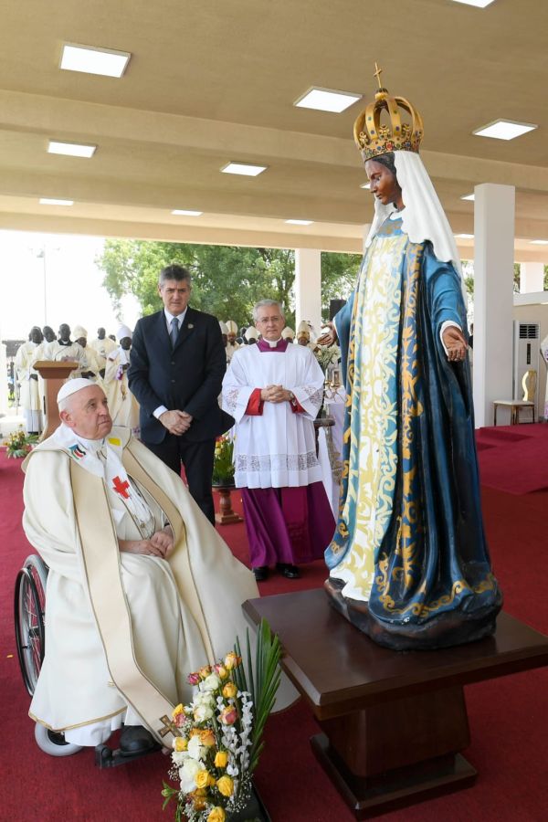 Pope Francis spent a moment in prayer before a statue of Our Lady of Africa. Vatican Media