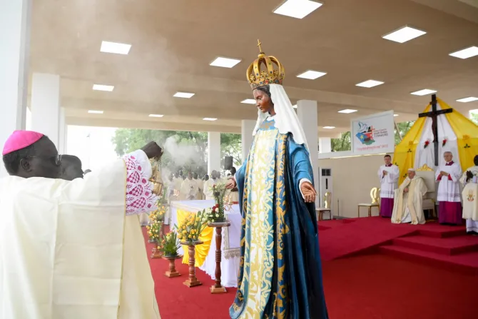 Pope Francis spent a moment in prayer before a statue of Our Lady of Africa at a Mass in Juba, South Sudan on Feb. 5, 2023.