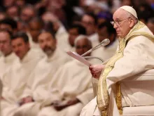 Pope Francis gives his homily at the Easter Vigil Mass in St. Peter's Basilica on April 8, 2023.